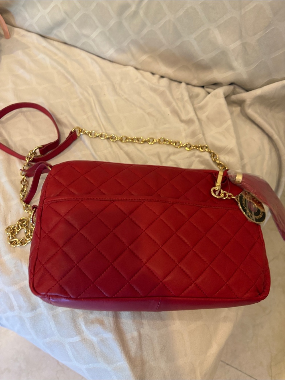 Isaac Mizrahi Quilted Red Crossbody with Gold Chain